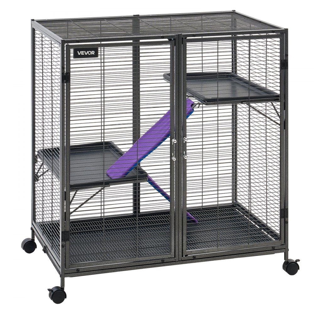 VEVOR Metal Small Animal Cage 96 cm 3-Tier Rolling Ferret Cage On Wheels, 13.97 mm Wire Spacing Large Cages with Ramps, Platform, Tray & Doors for Ferret, Chinchilla, Sugar Glider, Guinea Pig, Rabbit