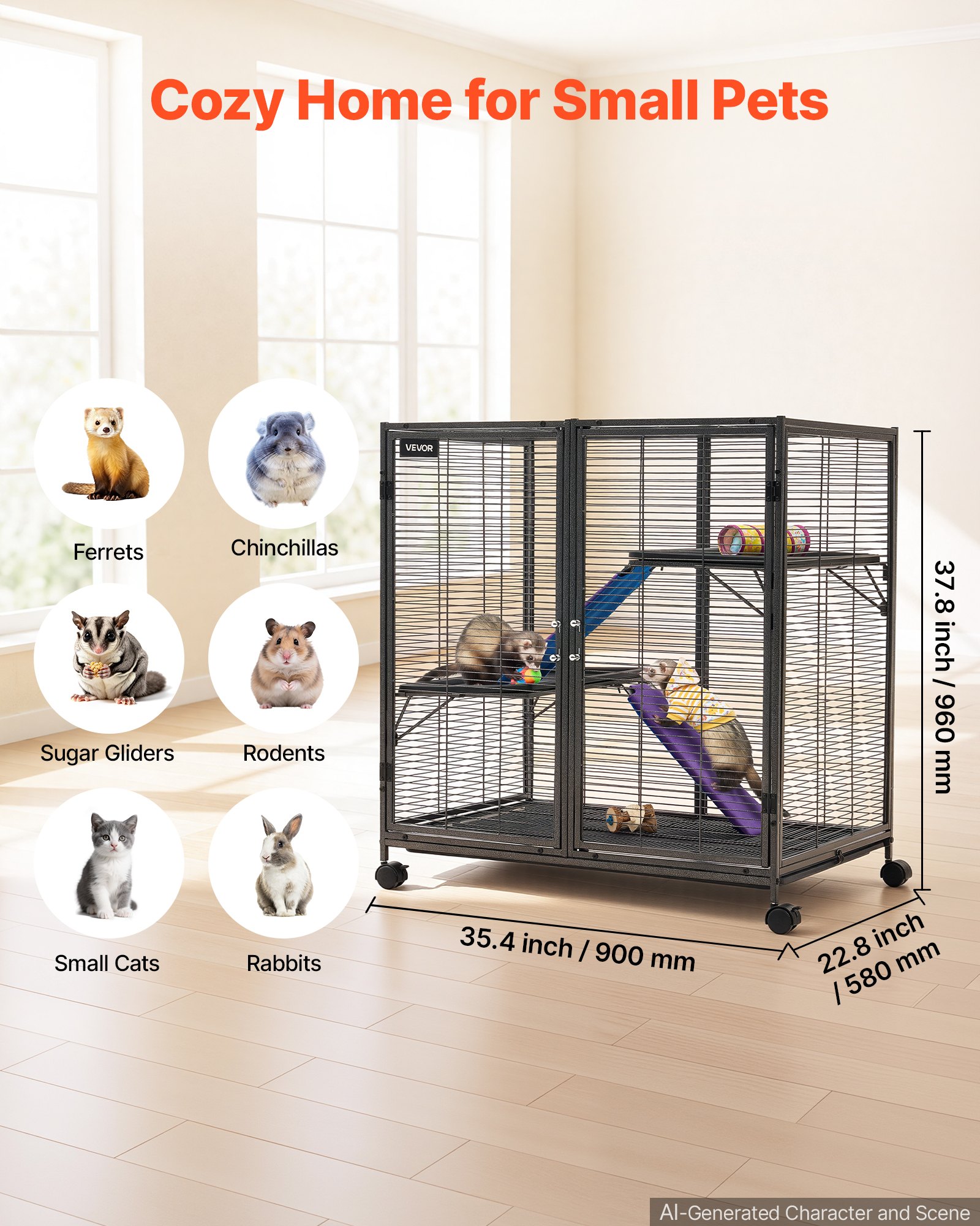 VEVOR Metal Small Animal Cage 96 cm 3-Tier Rolling Ferret Cage On Wheels, 13.97 mm Wire Spacing Large Cages with Ramps, Platform, Tray & Doors for Ferret, Chinchilla, Sugar Glider, Guinea Pig, Rabbit