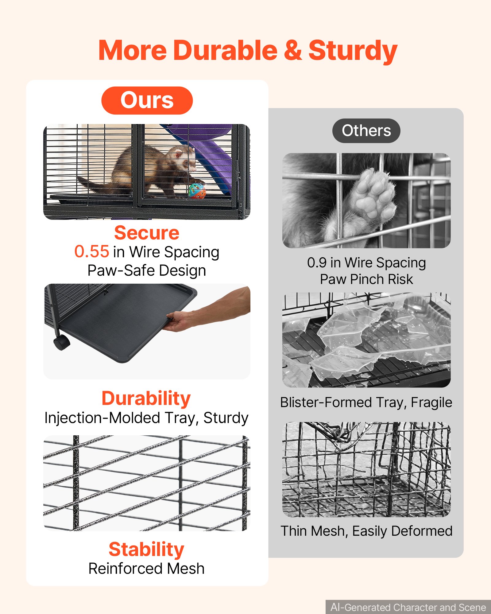 VEVOR Metal Small Animal Cage 96 cm 3-Tier Rolling Ferret Cage On Wheels, 13.97 mm Wire Spacing Large Cages with Ramps, Platform, Tray & Doors for Ferret, Chinchilla, Sugar Glider, Guinea Pig, Rabbit