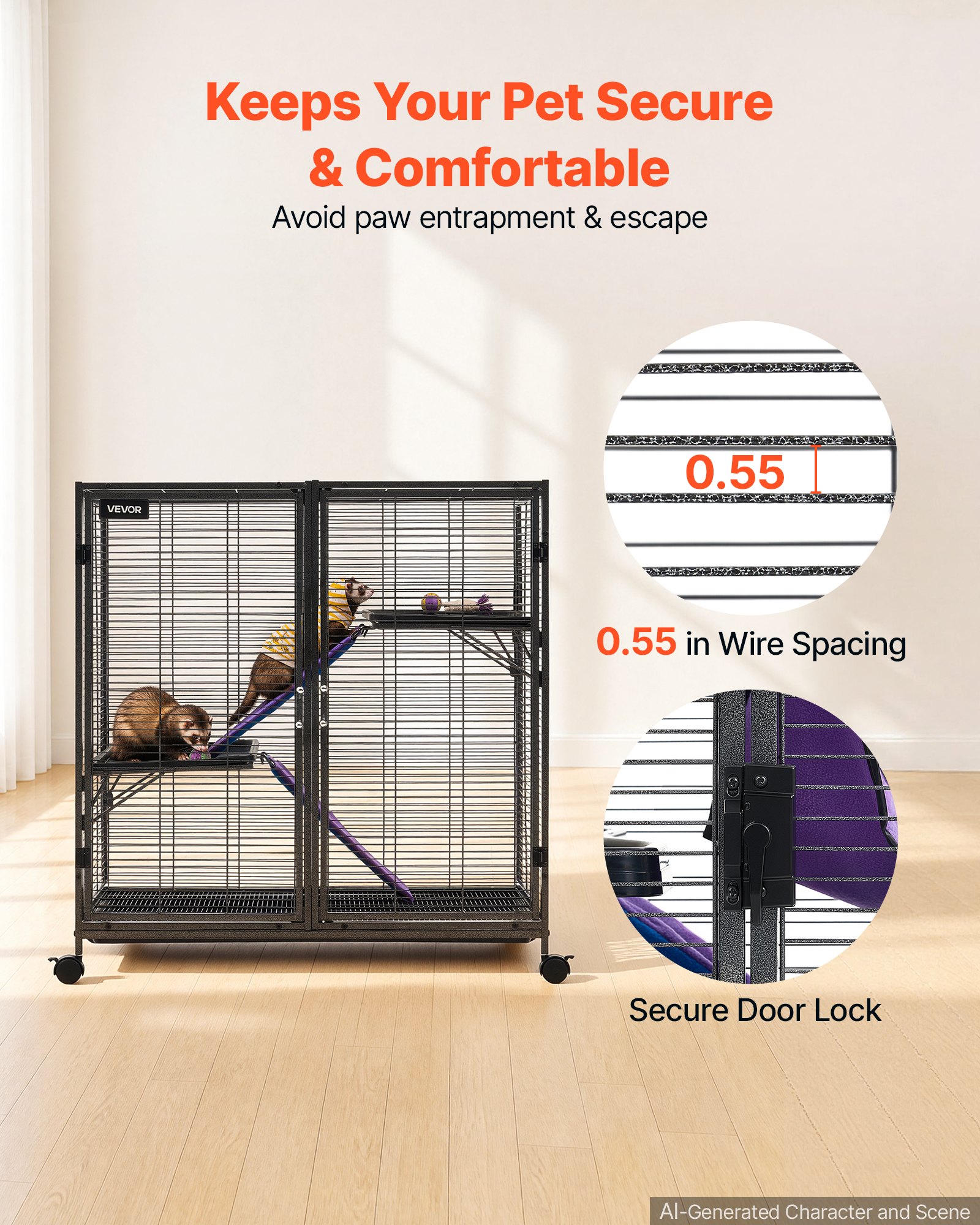 VEVOR Metal Small Animal Cage 96 cm 3-Tier Rolling Ferret Cage On Wheels, 13.97 mm Wire Spacing Large Cages with Ramps, Platform, Tray & Doors for Ferret, Chinchilla, Sugar Glider, Guinea Pig, Rabbit