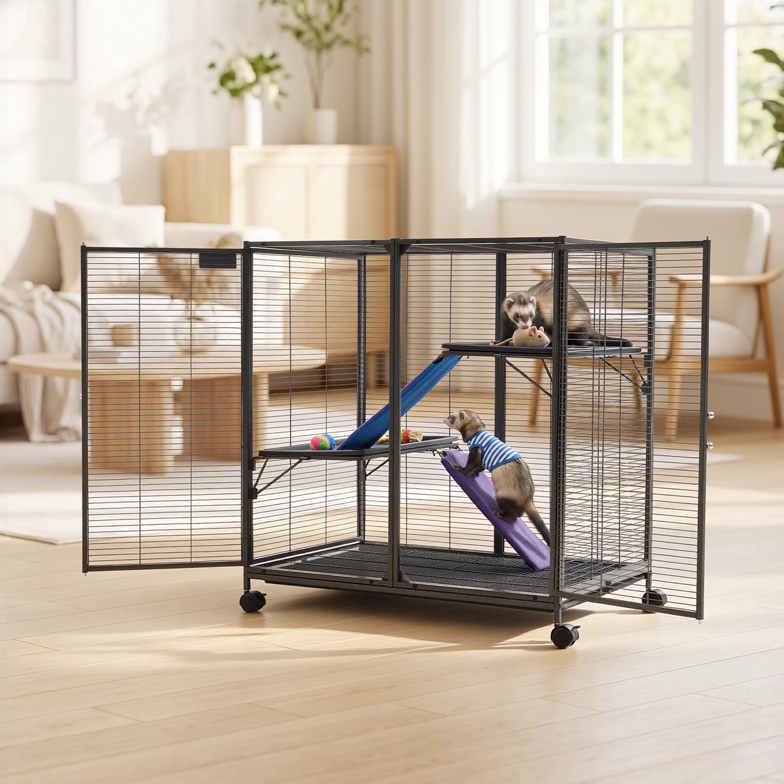 VEVOR Metal Small Animal Cage 96 cm 3-Tier Rolling Ferret Cage On Wheels, 13.97 mm Wire Spacing Large Cages with Ramps, Platform, Tray & Doors for Ferret, Chinchilla, Sugar Glider, Guinea Pig, Rabbit