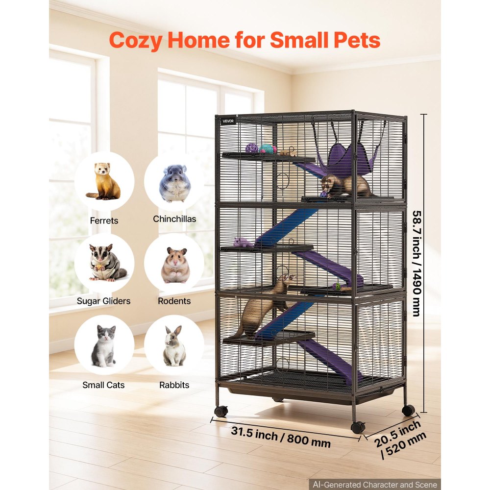 VEVOR Metal Small Animal Cage 149 cm 6-Tier Rolling Ferret Cage On Wheels, 13.97 mm Wire Spacing Large Cages with Hammock, Ramps, Tray & Doors for Ferret, Chinchilla, Sugar Glider, Guinea Pig, Rabbit