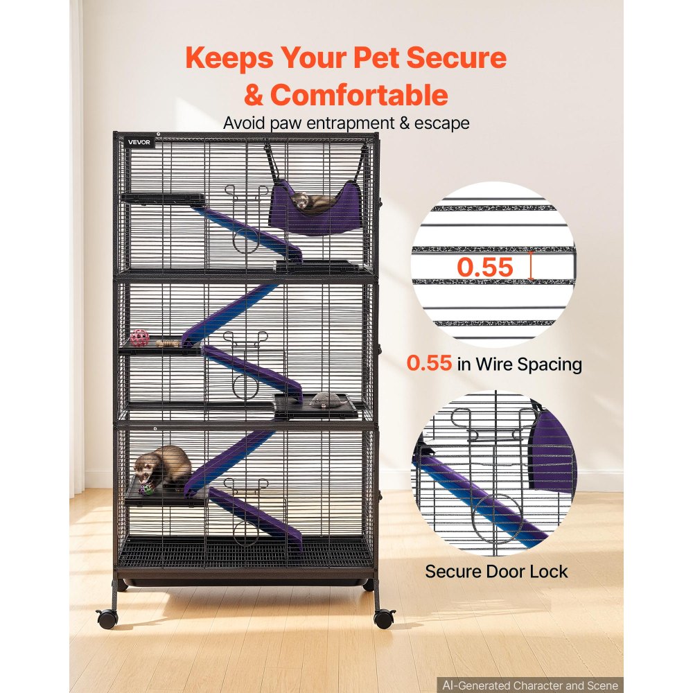 VEVOR Metal Small Animal Cage 149 cm 6-Tier Rolling Ferret Cage On Wheels, 13.97 mm Wire Spacing Large Cages with Hammock, Ramps, Tray & Doors for Ferret, Chinchilla, Sugar Glider, Guinea Pig, Rabbit
