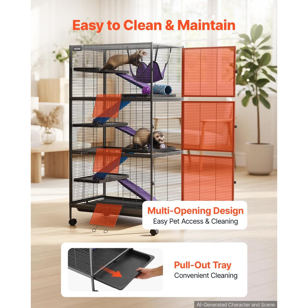 VEVOR Metal Small Animal Cage 149 cm 6-Tier Rolling Ferret Cage On Wheels, 13.97 mm Wire Spacing Large Cages with Hammock, Ramps, Tray & Doors for Ferret, Chinchilla, Sugar Glider, Guinea Pig, Rabbit