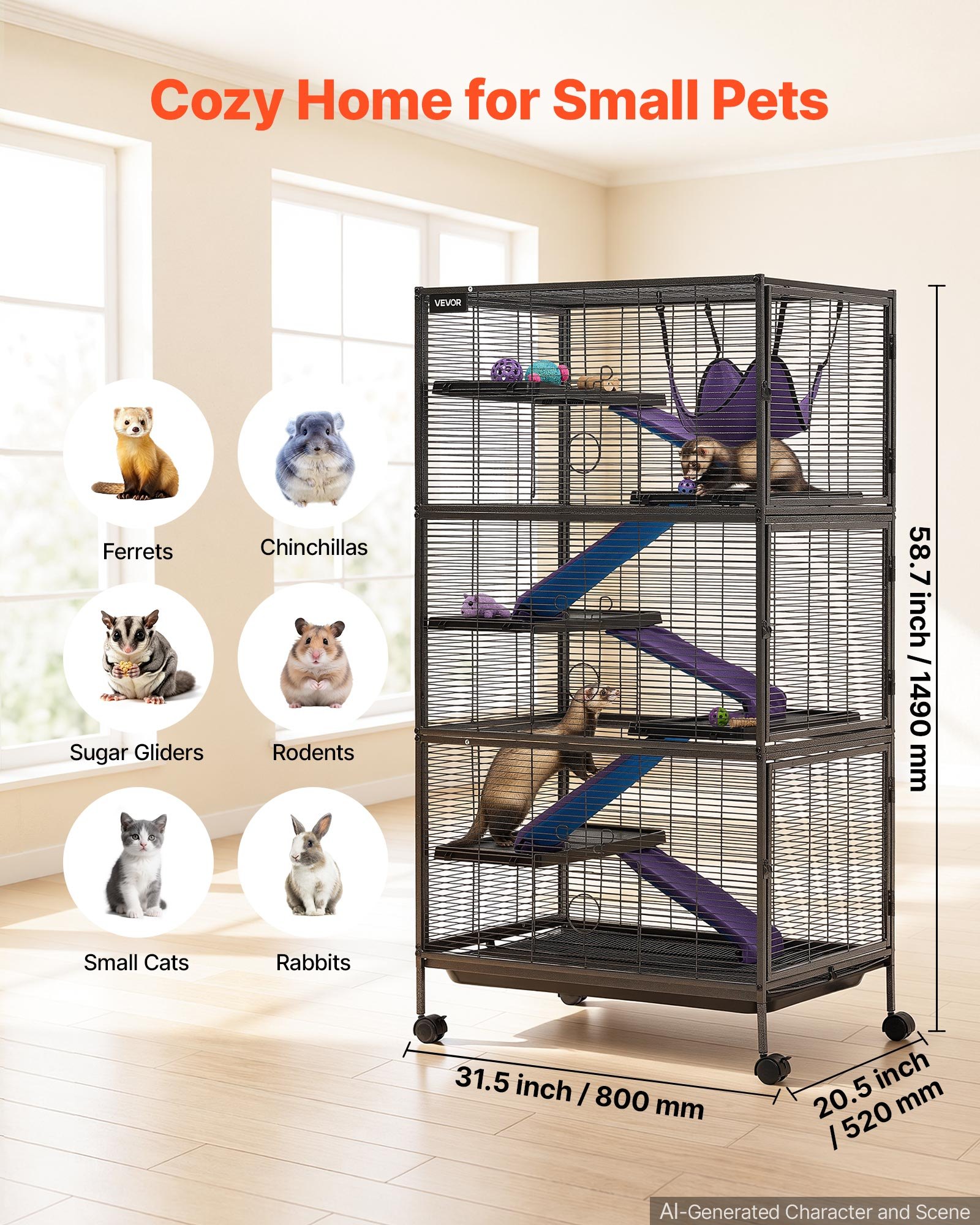 VEVOR Metal Small Animal Cage 149 cm 6-Tier Rolling Ferret Cage On Wheels, 13.97 mm Wire Spacing Large Cages with Hammock, Ramps, Tray & Doors for Ferret, Chinchilla, Sugar Glider, Guinea Pig, Rabbit