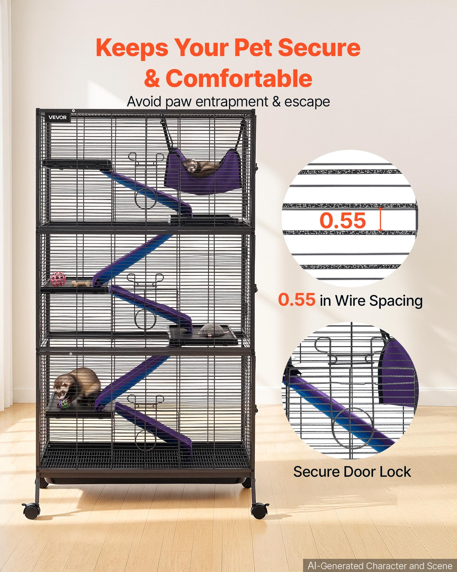 VEVOR Metal Small Animal Cage 149 cm 6-Tier Rolling Ferret Cage On Wheels, 13.97 mm Wire Spacing Large Cages with Hammock, Ramps, Tray & Doors for Ferret, Chinchilla, Sugar Glider, Guinea Pig, Rabbit