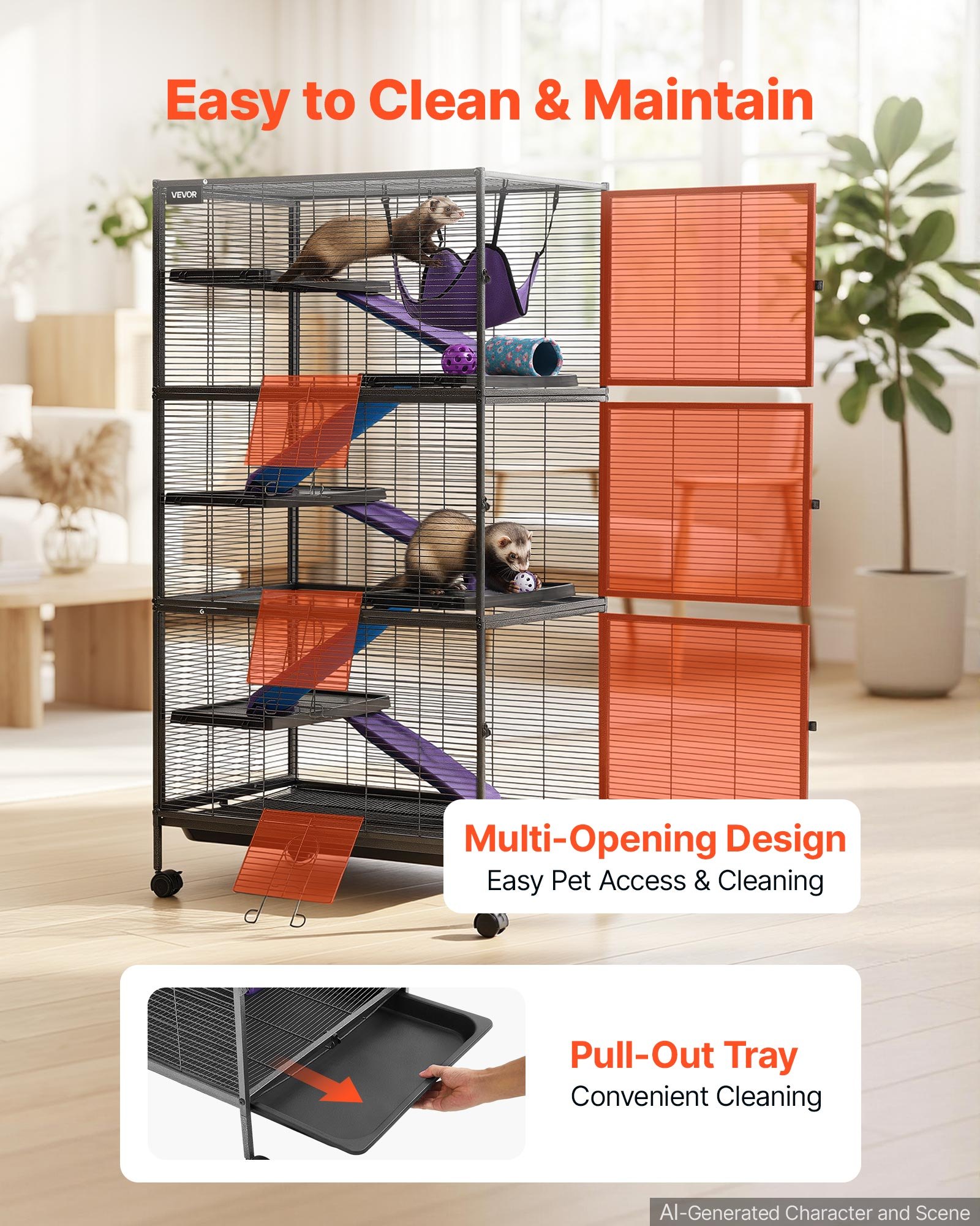 VEVOR Metal Small Animal Cage 149 cm 6-Tier Rolling Ferret Cage On Wheels, 13.97 mm Wire Spacing Large Cages with Hammock, Ramps, Tray & Doors for Ferret, Chinchilla, Sugar Glider, Guinea Pig, Rabbit