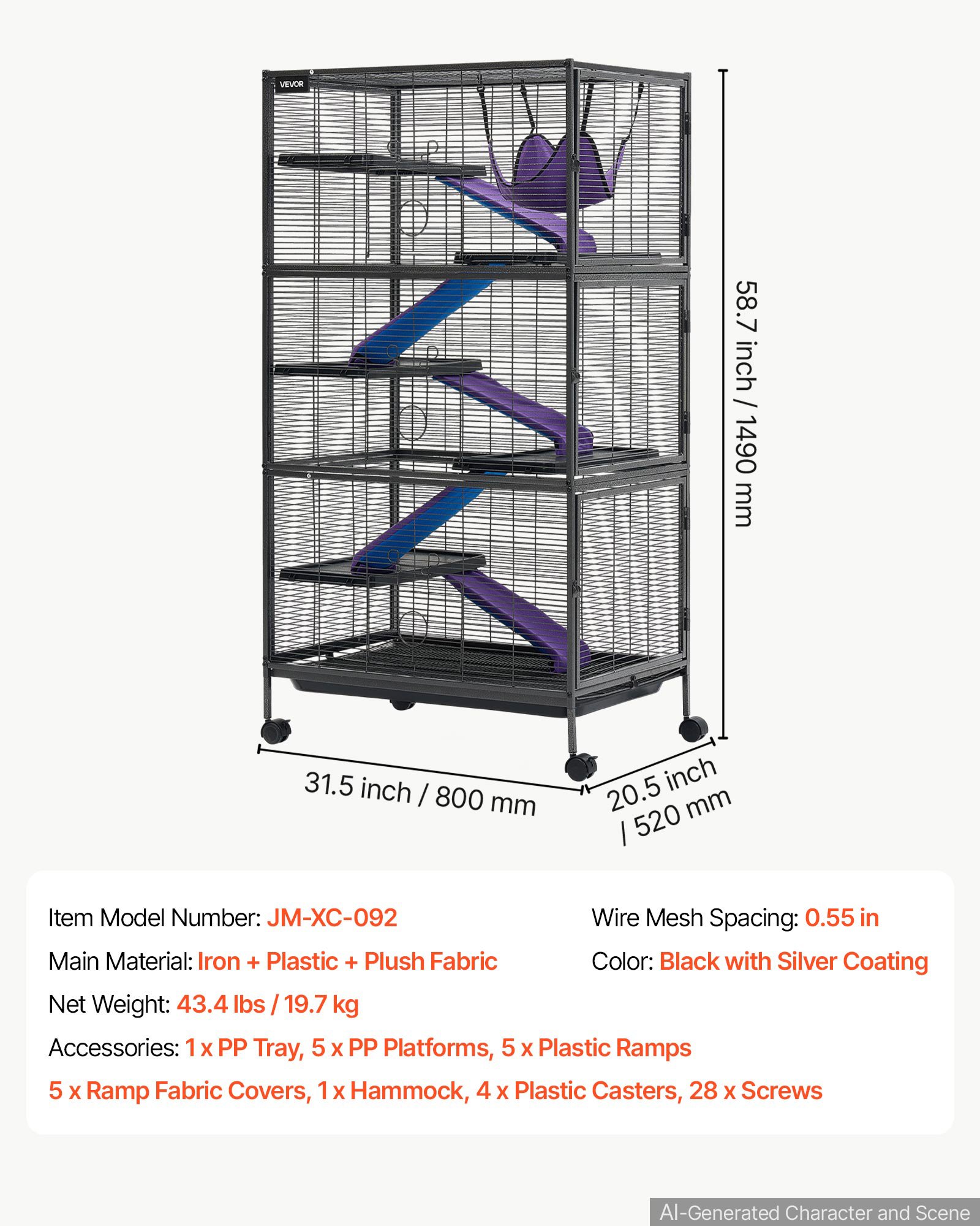 VEVOR Metal Small Animal Cage 149 cm 6-Tier Rolling Ferret Cage On Wheels, 13.97 mm Wire Spacing Large Cages with Hammock, Ramps, Tray & Doors for Ferret, Chinchilla, Sugar Glider, Guinea Pig, Rabbit