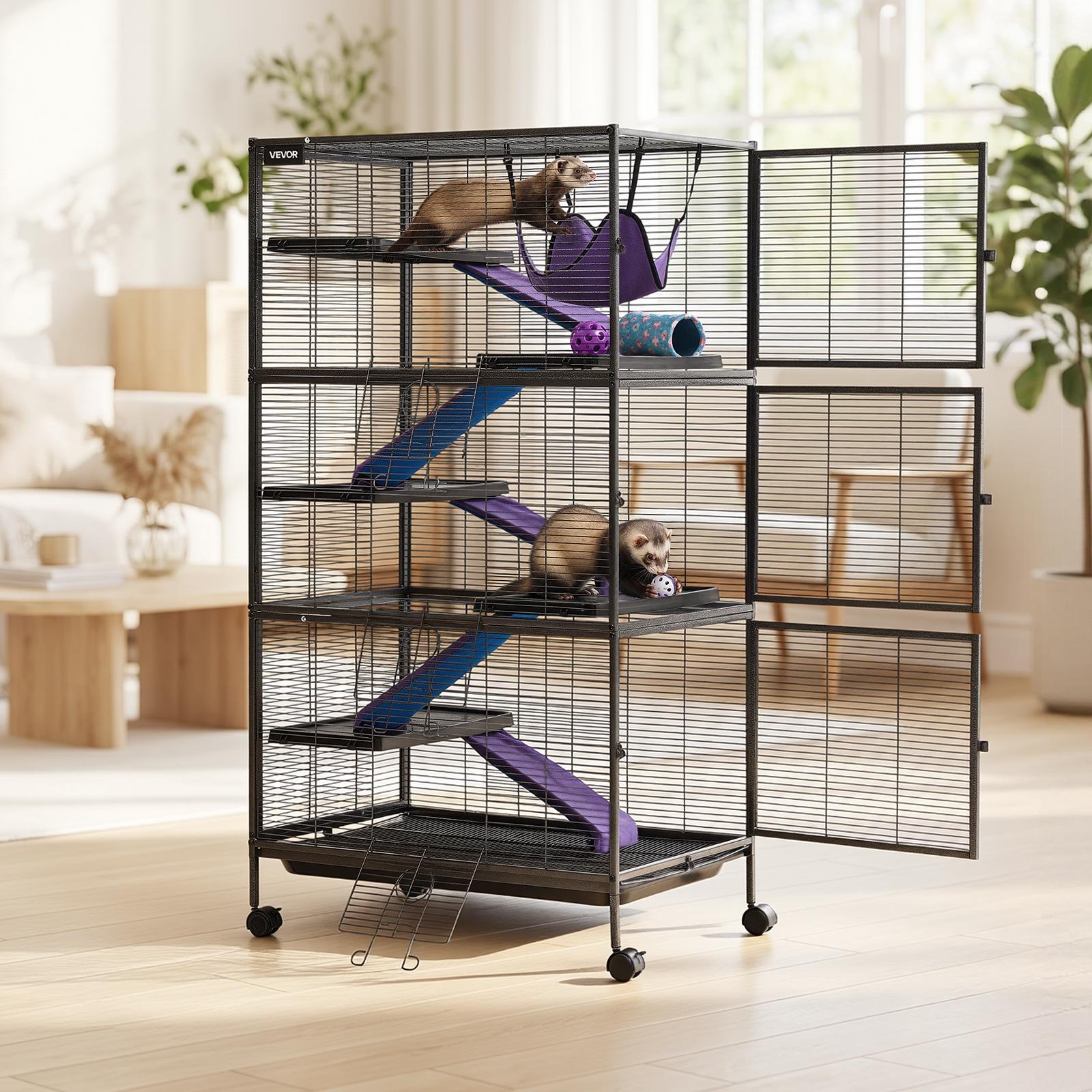 VEVOR Metal Small Animal Cage 149 cm 6-Tier Rolling Ferret Cage On Wheels, 13.97 mm Wire Spacing Large Cages with Hammock, Ramps, Tray & Doors for Ferret, Chinchilla, Sugar Glider, Guinea Pig, Rabbit