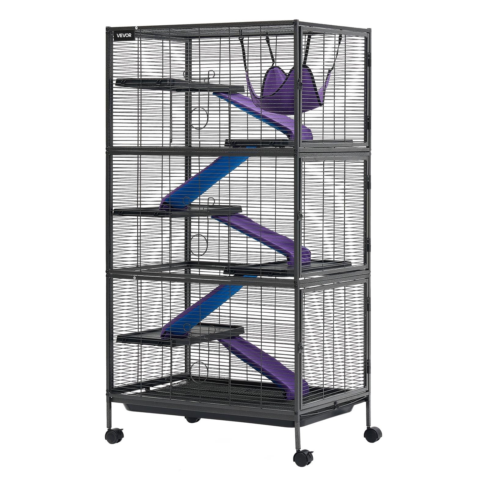 VEVOR Metal Small Animal Cage 149 cm 6-Tier Rolling Ferret Cage On Wheels, 13.97 mm Wire Spacing Large Cages with Hammock, Ramps, Tray & Doors for Ferret, Chinchilla, Sugar Glider, Guinea Pig, Rabbit