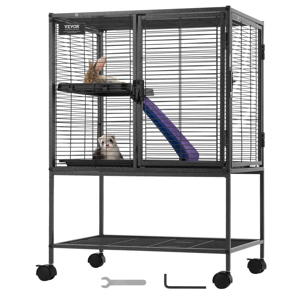 VEVOR ferret cage with rabbit and ferret, purple ramp, black bars, tools, and wheeled base.