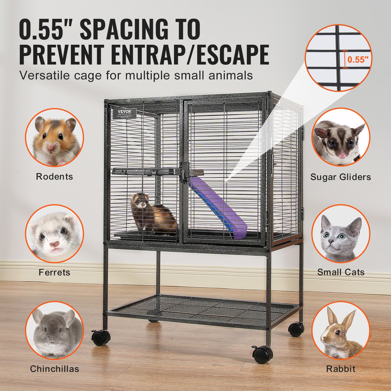 VEVOR 34" Rolling Metal Ferret Cage, Large 2-Tier Critter Nation Cage, Small Animal Cage with Ramps & Tray, Easy to Set up for Pet Rats, Hamster, Guinea Pig, Chinchilla, Squirrel, Hedgehogs, Bunny