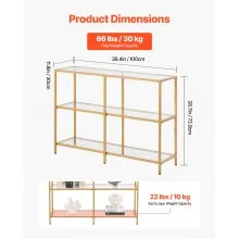 VEVOR 3-Tier Glass Console Table, Modern Rectangle Sofa Side Table with Tempered Glass Top and Iron Legs, Golden Consloe Desk with Anti-Tip Device for Living Room, Hallway, Entryway, Foyer, Golden