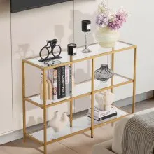 VEVOR 3-Tier Glass Console Table, Modern Rectangle Sofa Side Table with Tempered Glass Top and Iron Legs, Golden Consloe Desk with Anti-Tip Device for Living Room, Hallway, Entryway, Foyer, Golden