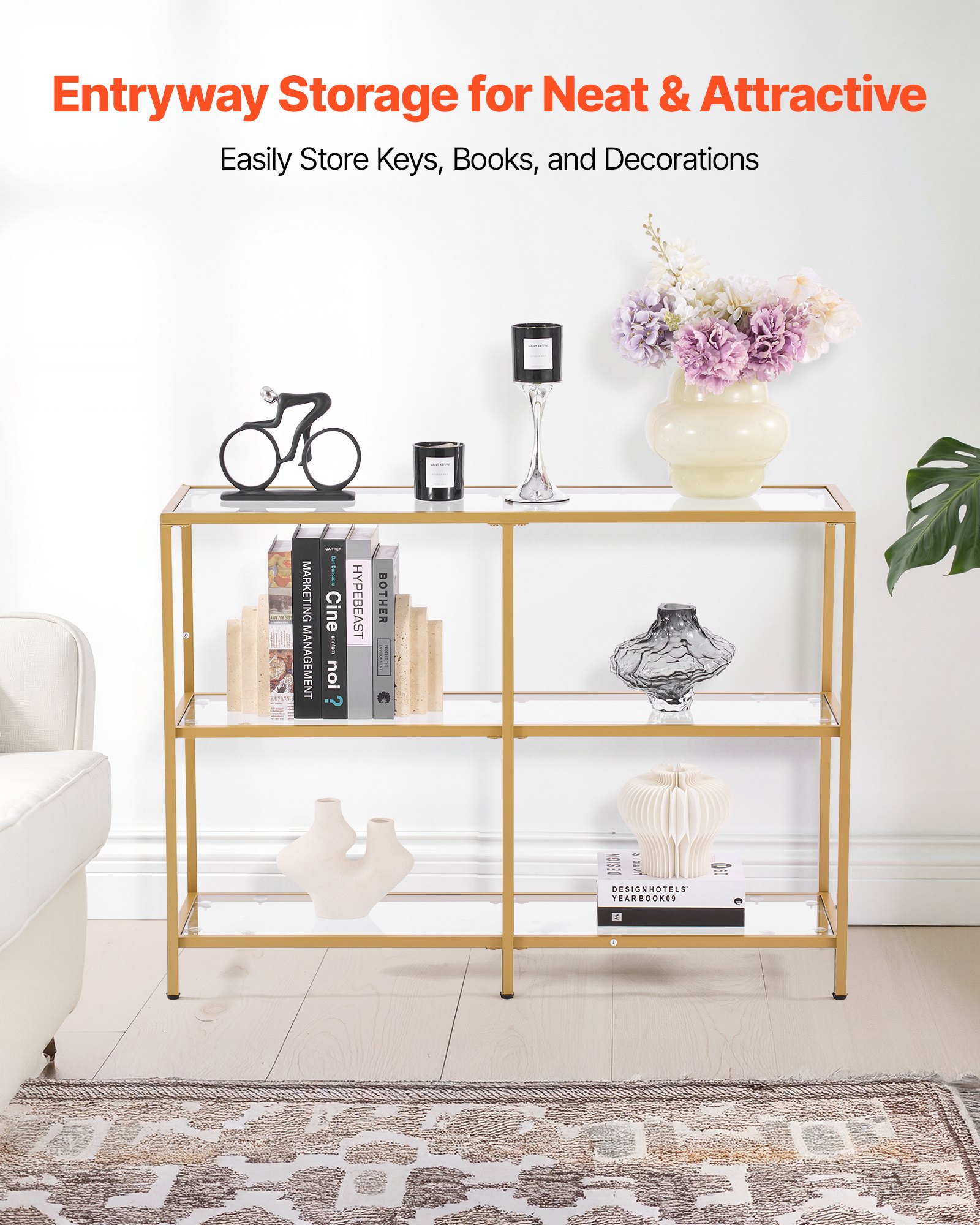 VEVOR 3-Tier Glass Console Table Rectangle Sofa Side Table with Anti-Tip Golden