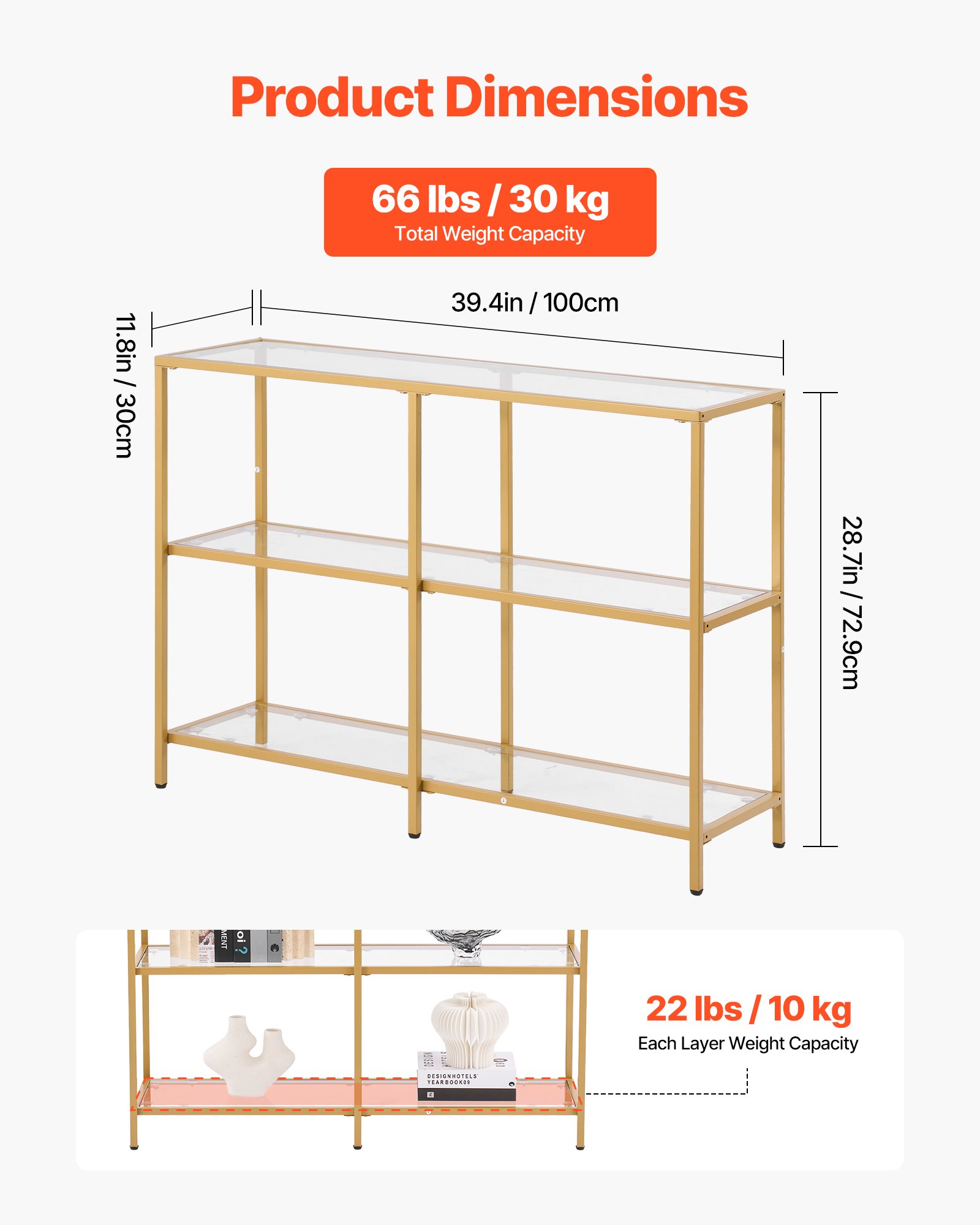 VEVOR 3-Tier Glass Console Table Rectangle Sofa Side Table with Anti-Tip Golden