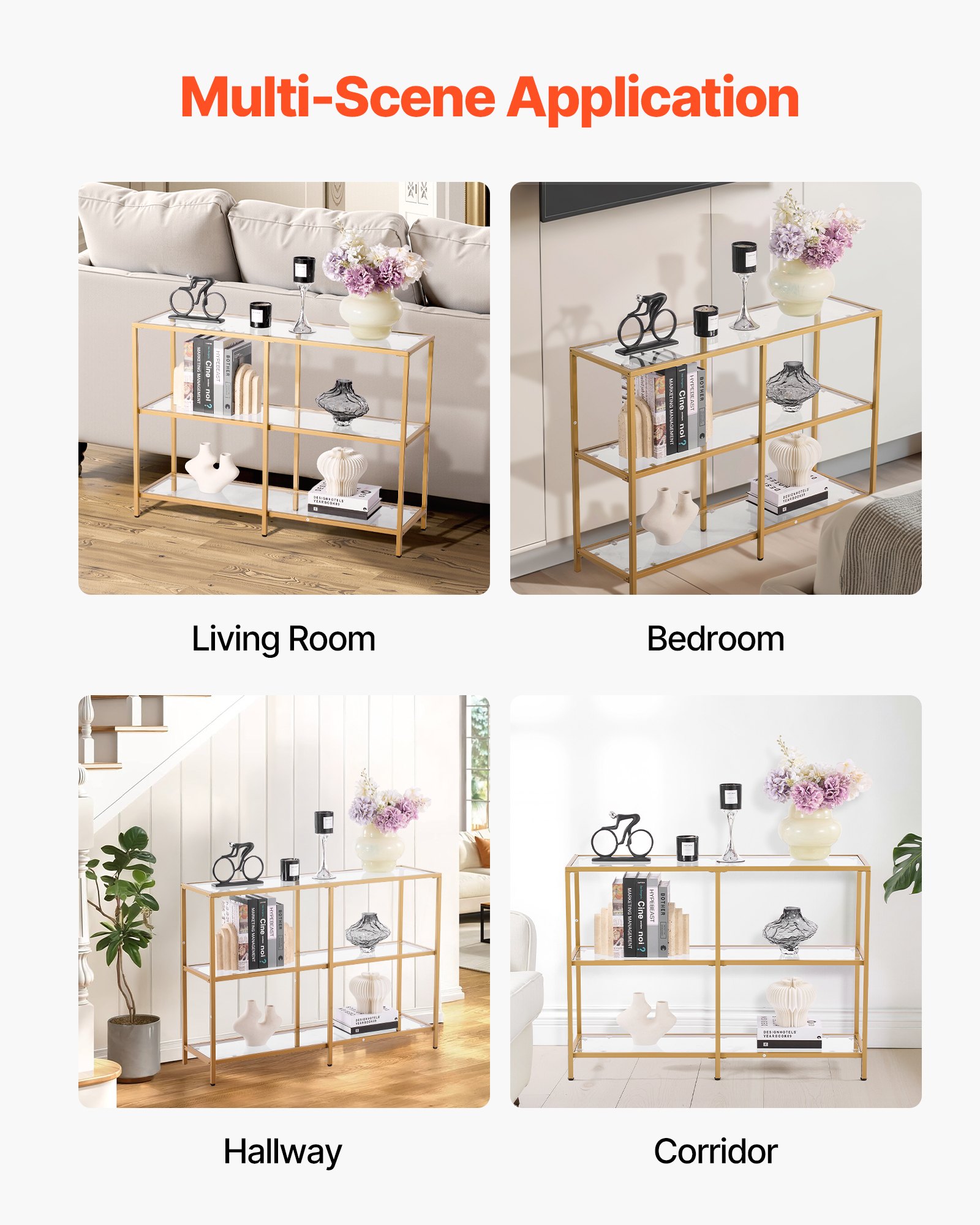 VEVOR 3-Tier Glass Console Table Rectangle Sofa Side Table with Anti-Tip Golden