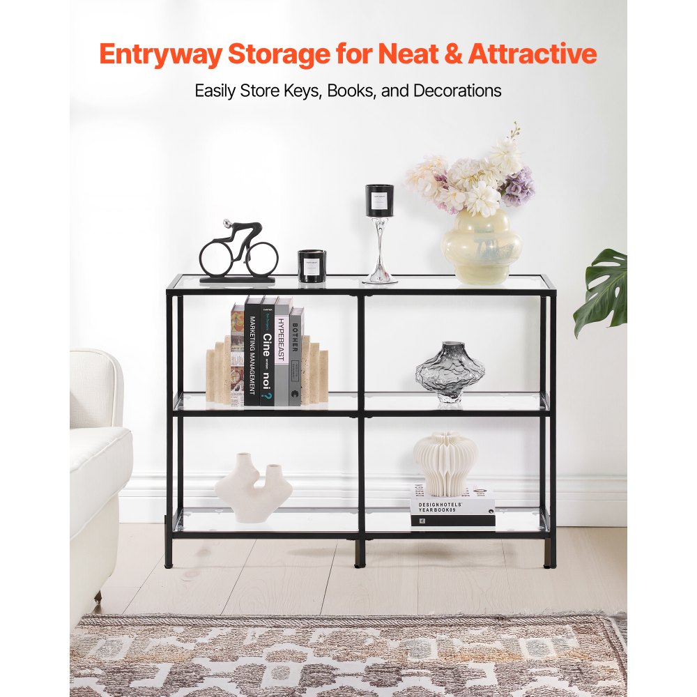 VEVOR 3-Tier Glass Console Table Rectangle Sofa Side Table with Anti-Tip Black