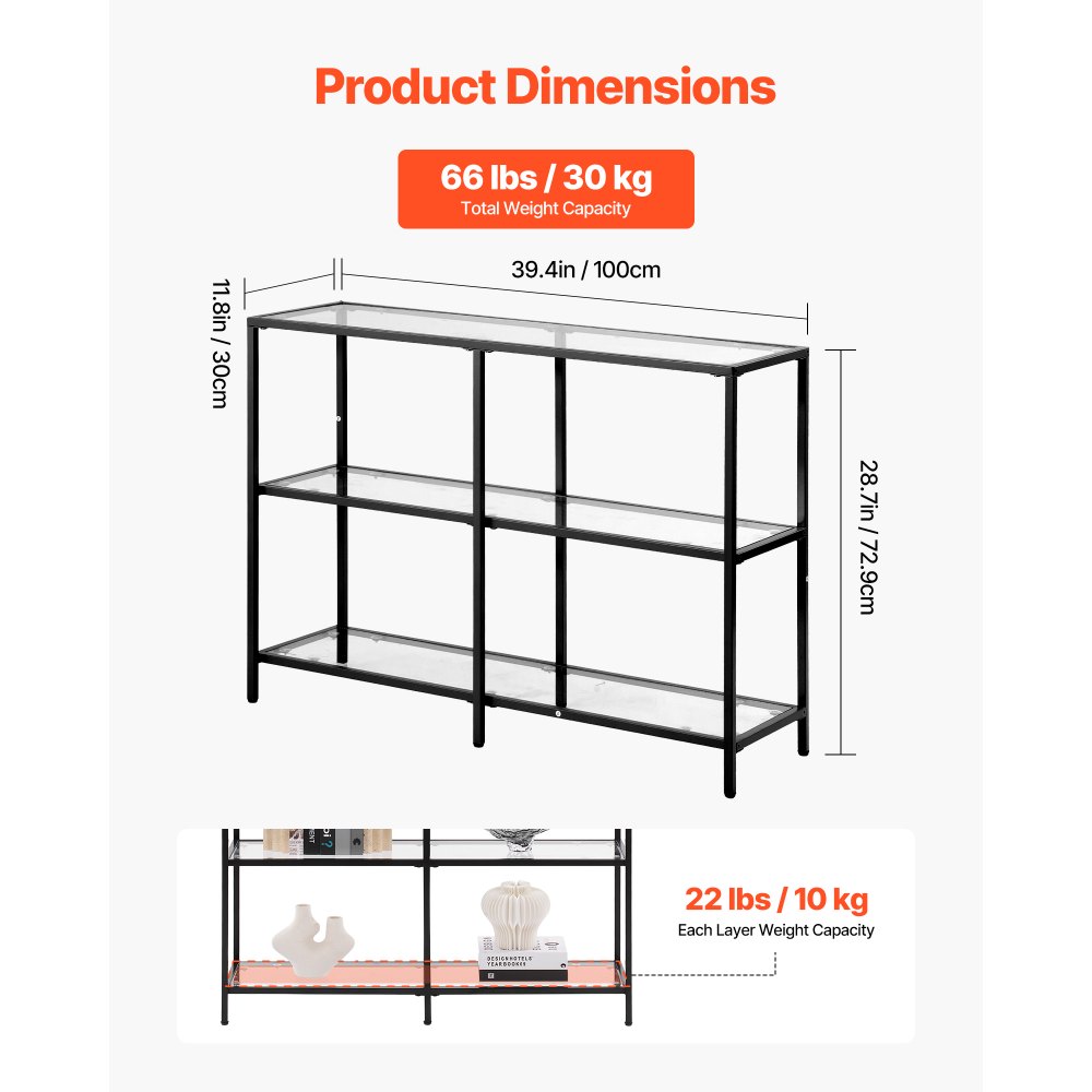 VEVOR 3-Tier Glass Console Table Rectangle Sofa Side Table with Anti-Tip Black