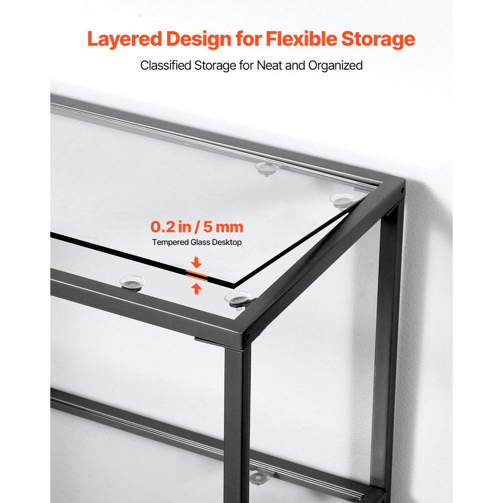 VEVOR 3-Tier Glass Console Table, Modern Rectangle Sofa Side Table with Tempered Glass Top and Iron Legs, Black Consloe Desk with Anti-Tip Device for Living Room, Hallway, Entryway, Foyer, Black