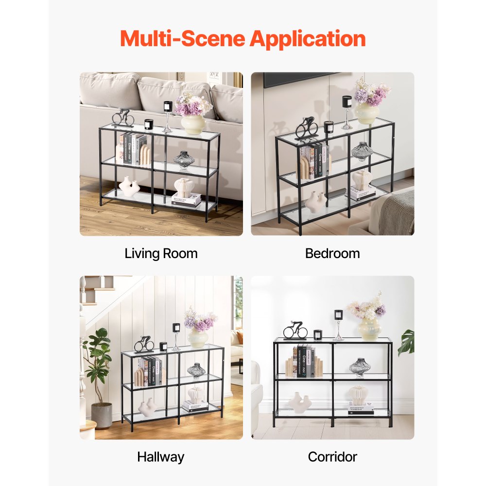 VEVOR 3-Tier Glass Console Table, Modern Rectangle Sofa Side Table with Tempered Glass Top and Iron Legs, Black Consloe Desk with Anti-Tip Device for Living Room, Hallway, Entryway, Foyer, Black