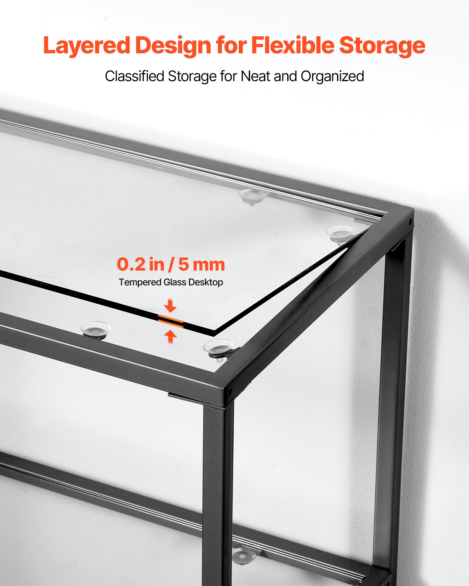 VEVOR 3-Tier Glass Console Table Rectangle Sofa Side Table with Anti-Tip Black