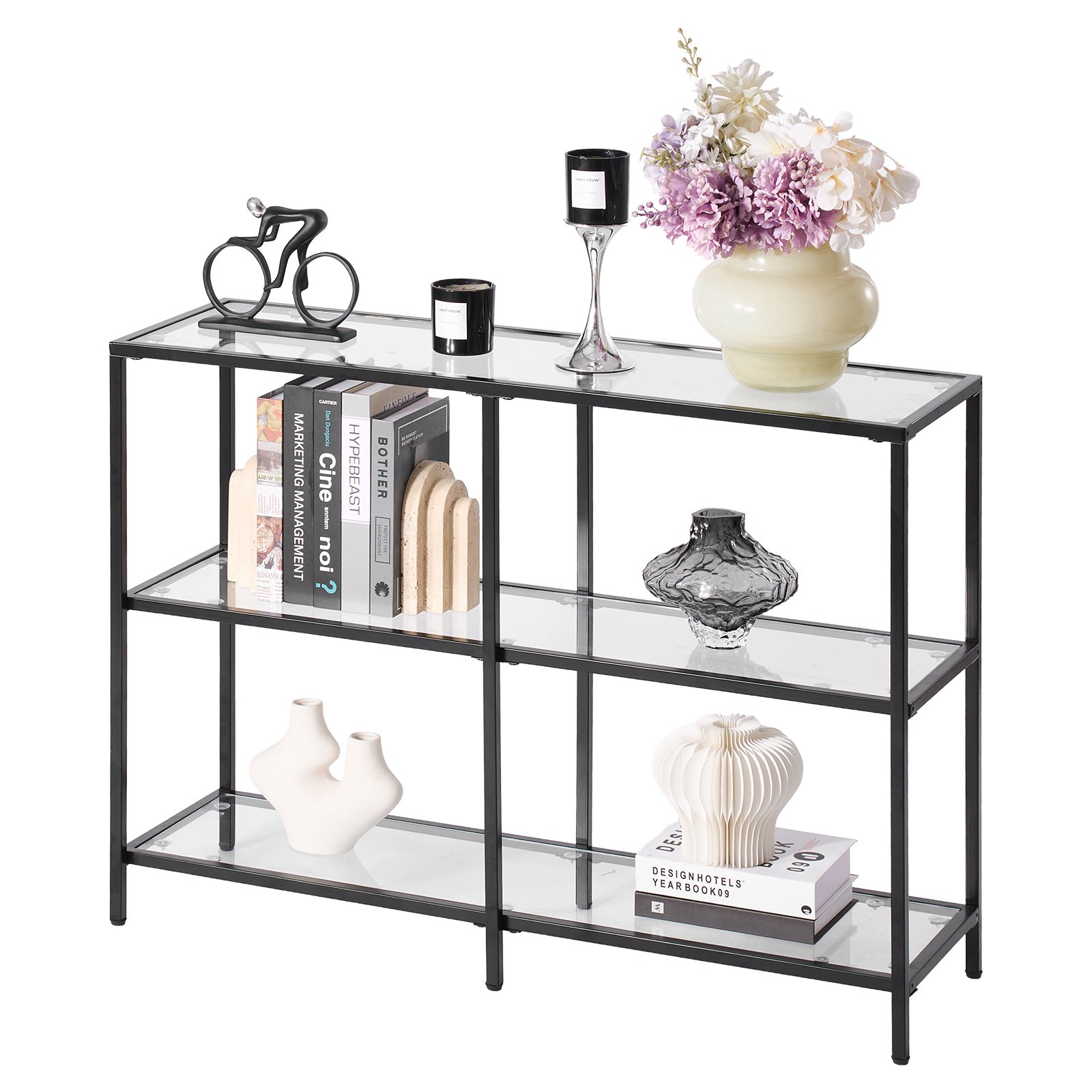 VEVOR 3-Tier Glass Console Table, Modern Rectangle Sofa Side Table with Tempered Glass Top and Iron Legs, Black Consloe Desk with Anti-Tip Device for Living Room, Hallway, Entryway, Foyer, Black
