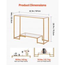 2-Tier Glass Console Table Rectangle Sofa Side Table with Anti-Tip Golden