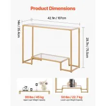 VEVOR 2-Tier Glass Console Table Rectangle Sofa Side Table with Anti-Tip Golden