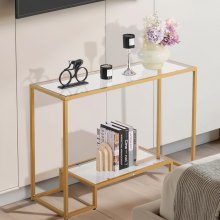 2-Tier Glass Console Table Rectangle Sofa Side Table with Anti-Tip Golden