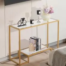 VEVOR 2-Tier Glass Console Table Rectangle Sofa Side Table with Anti-Tip Golden