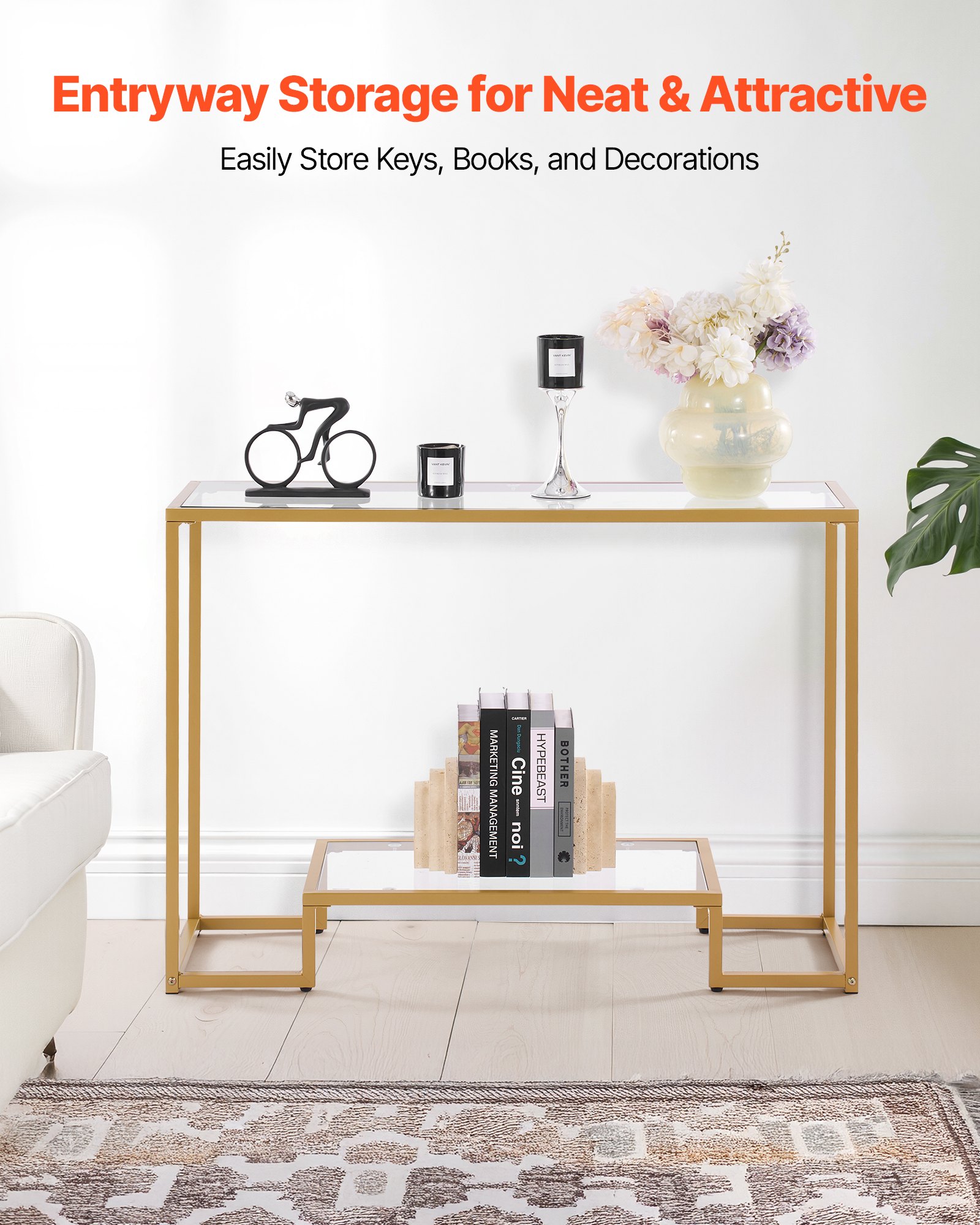 VEVOR 2-Tier Glass Console Table Rectangle Sofa Side Table with Anti-Tip Golden