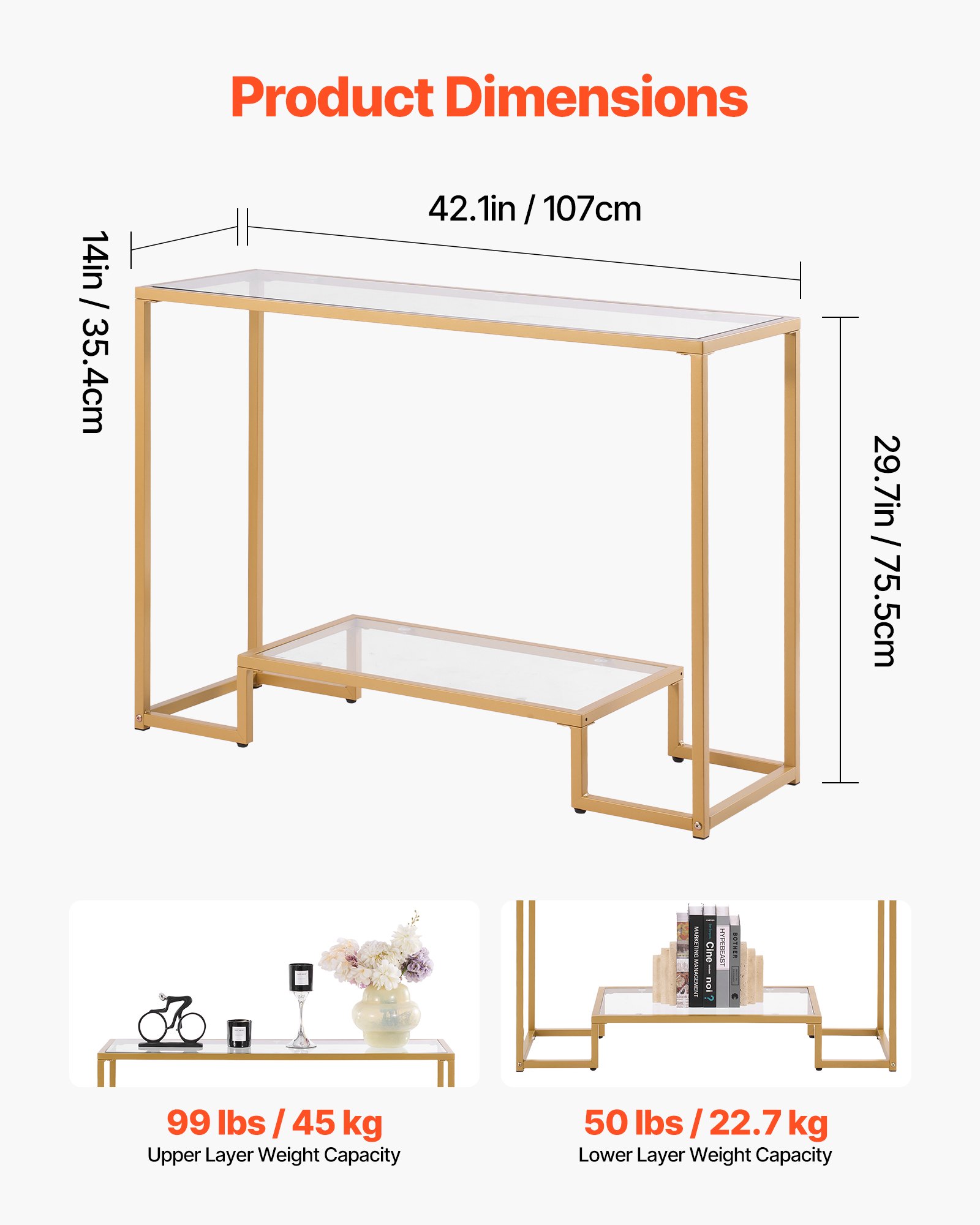 VEVOR 2-Tier Glass Console Table Rectangle Sofa Side Table with Anti-Tip Golden