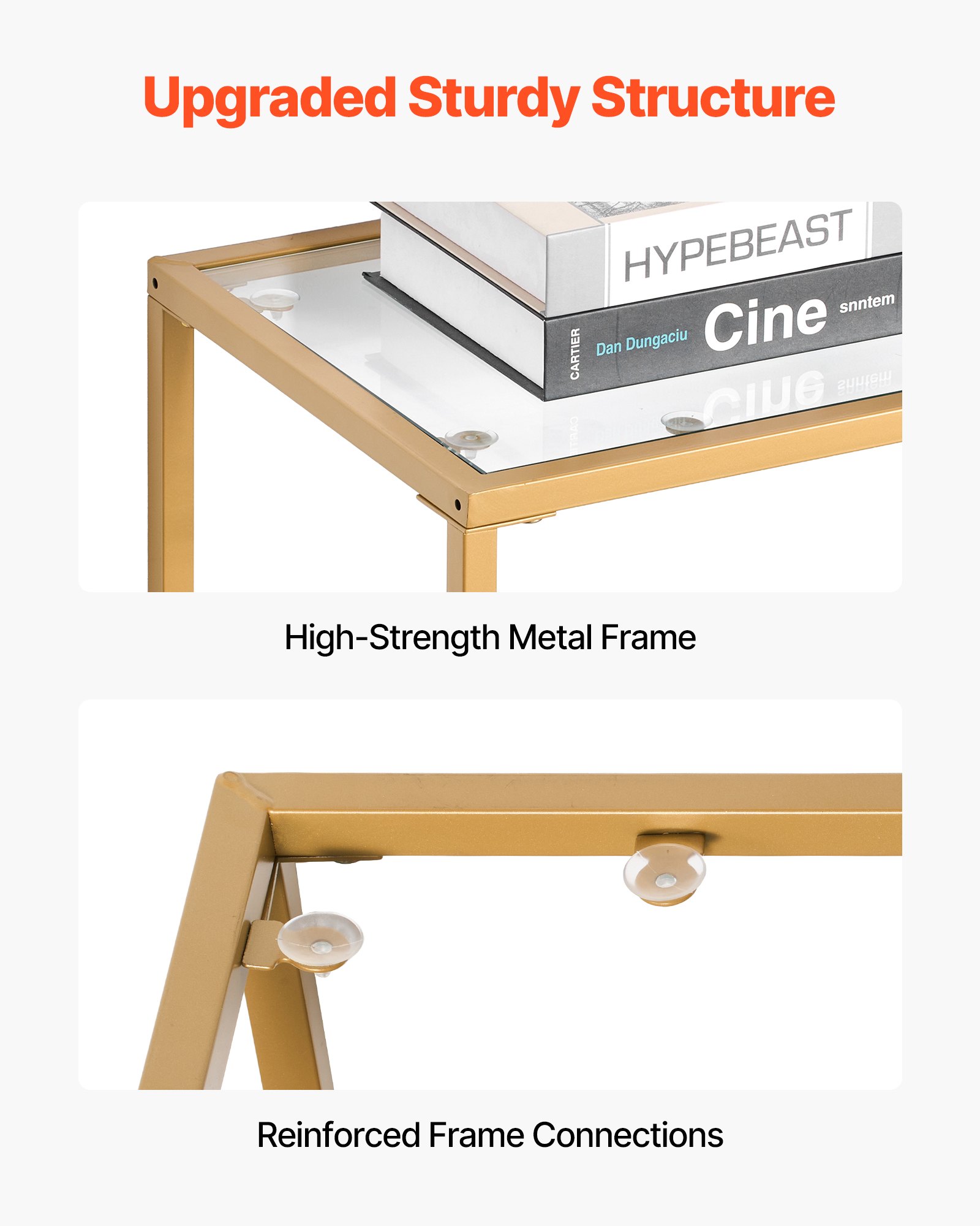 VEVOR 2-Tier Glass Console Table Rectangle Sofa Side Table with Anti-Tip Golden