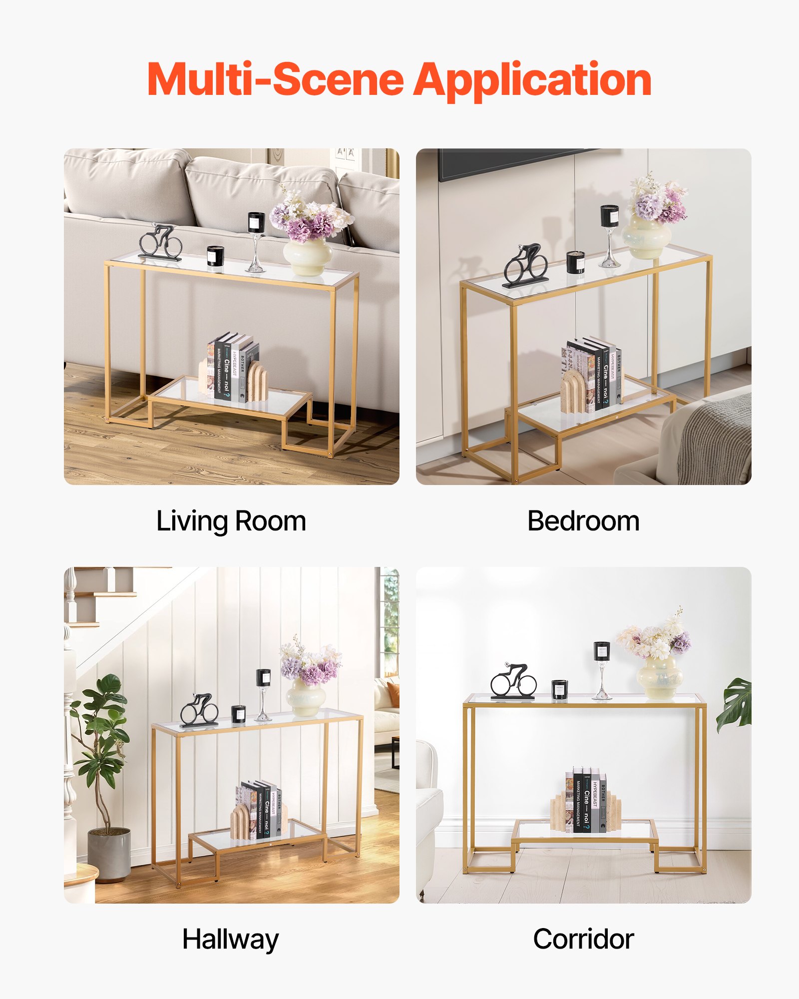 VEVOR 2-Tier Glass Console Table Rectangle Sofa Side Table with Anti-Tip Golden