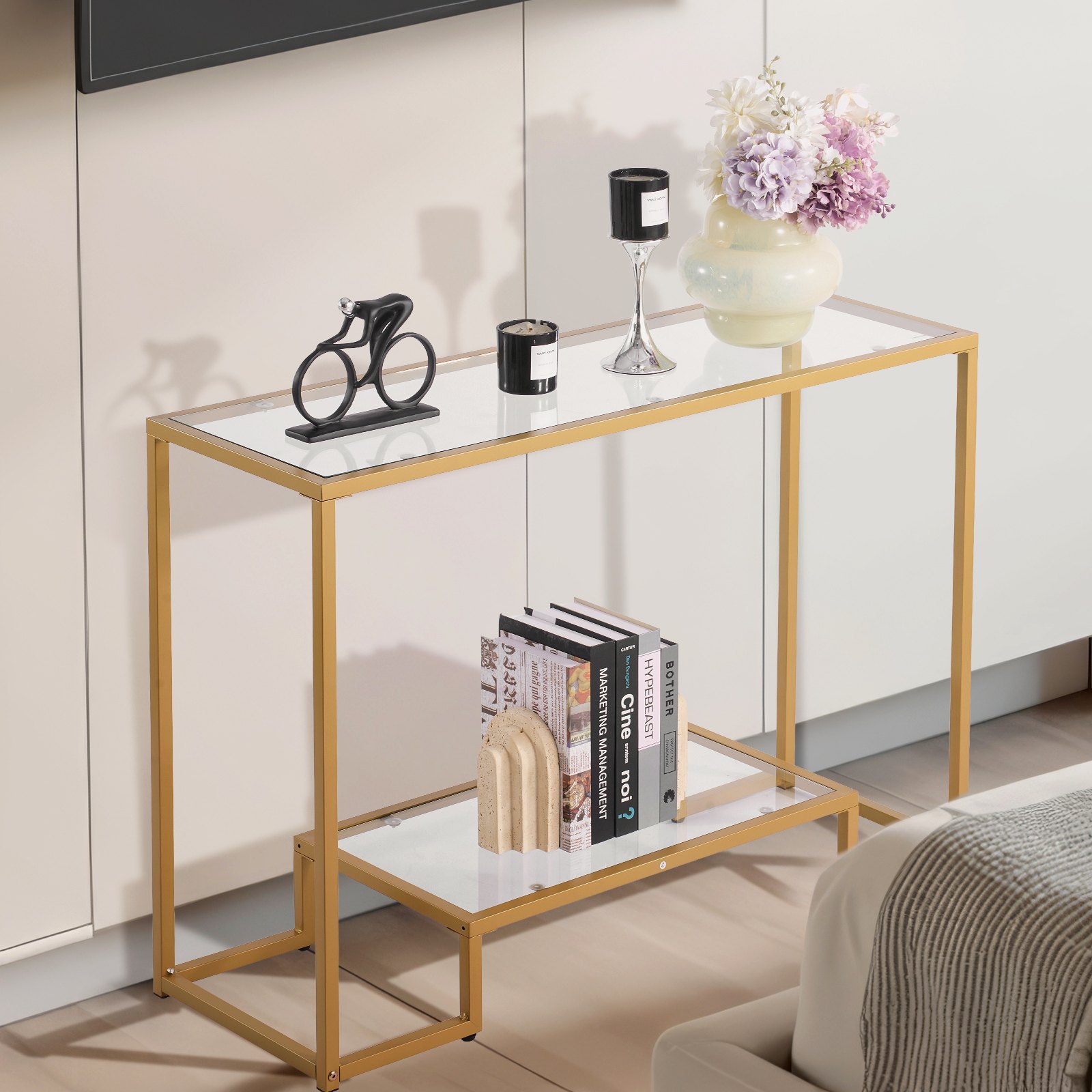 VEVOR 2-Tier Glass Console Table Rectangle Sofa Side Table with Anti-Tip Golden