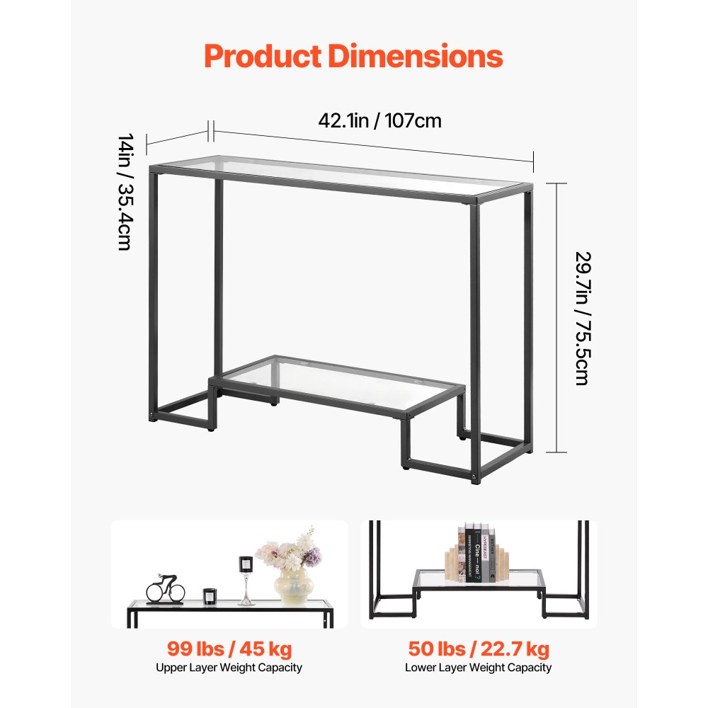 VEVOR 2-Tier Glass Console Table, Modern Rectangle Sofa Side Table with Tempered Glass Top and Iron Legs, Black Consloe Desk with Anti-Tip Device for Living Room, Hallway, Entryway, Foyer, Black