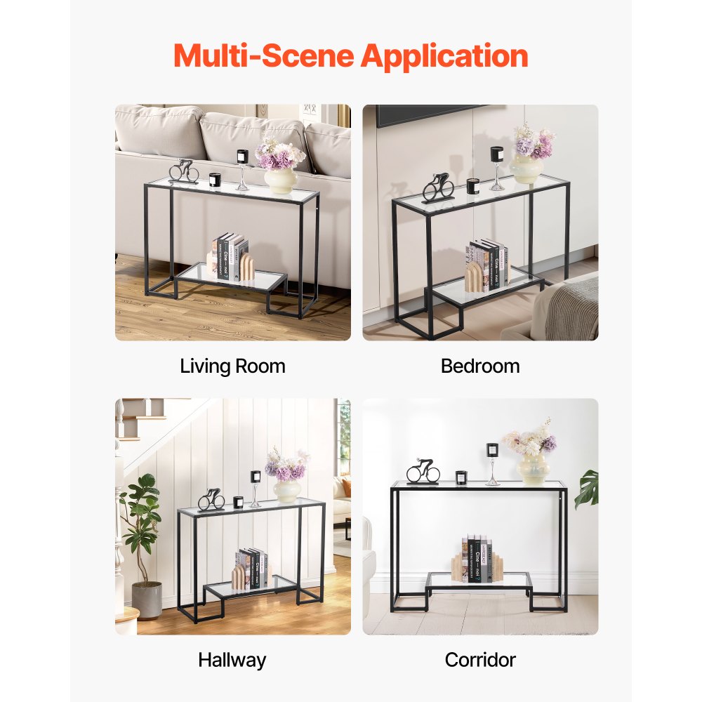 VEVOR 2-Tier Glass Console Table, Modern Rectangle Sofa Side Table with Tempered Glass Top and Iron Legs, Black Consloe Desk with Anti-Tip Device for Living Room, Hallway, Entryway, Foyer, Black