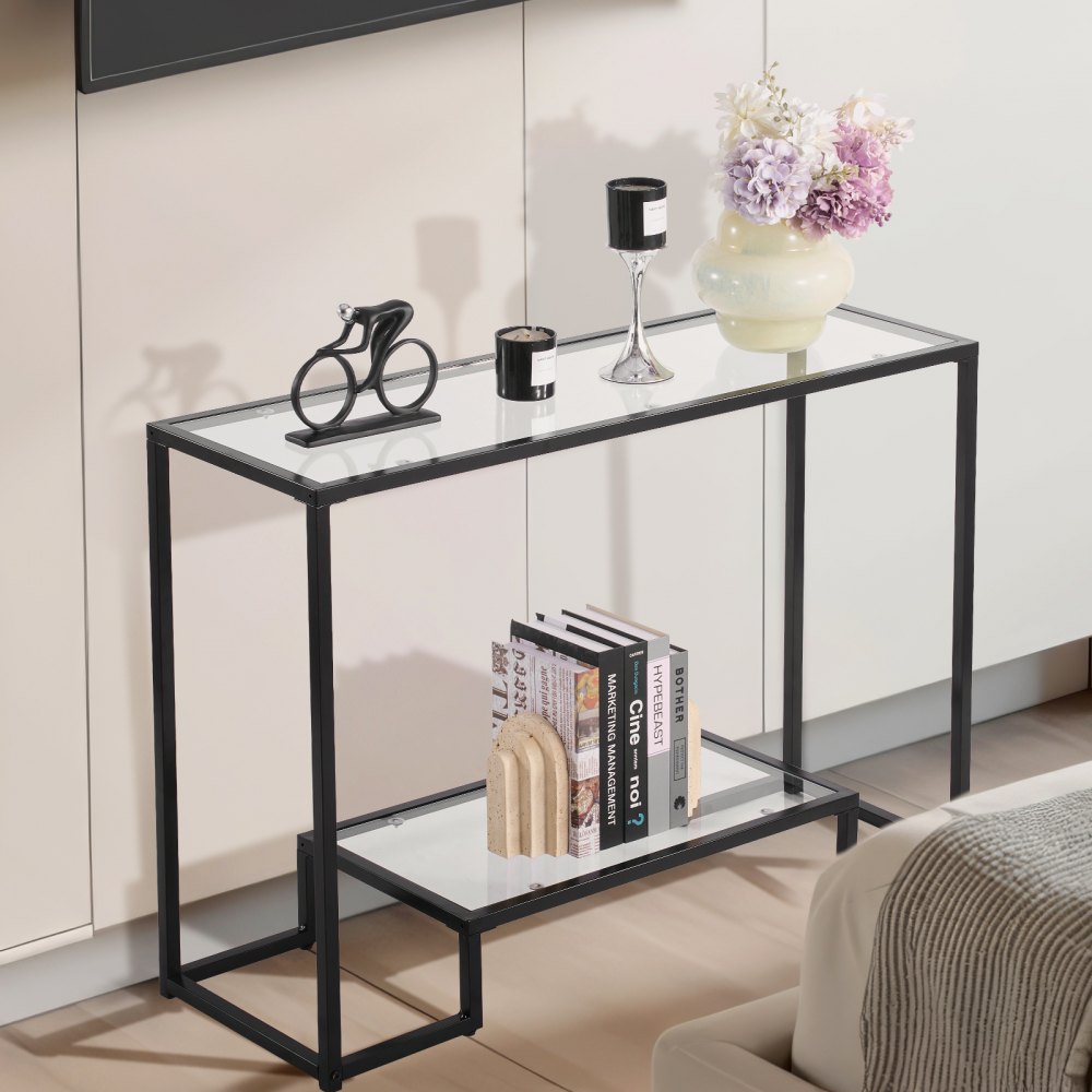 VEVOR 2-Tier Glass Console Table, Modern Rectangle Sofa Side Table with Tempered Glass Top and Iron Legs, Black Consloe Desk with Anti-Tip Device for Living Room, Hallway, Entryway, Foyer, Black