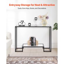 2-Tier Glass Console Table Rectangle Sofa Side Table with Anti-Tip Black