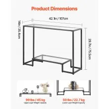 VEVOR 2-Tier Glass Console Table Rectangle Sofa Side Table with Anti-Tip Black