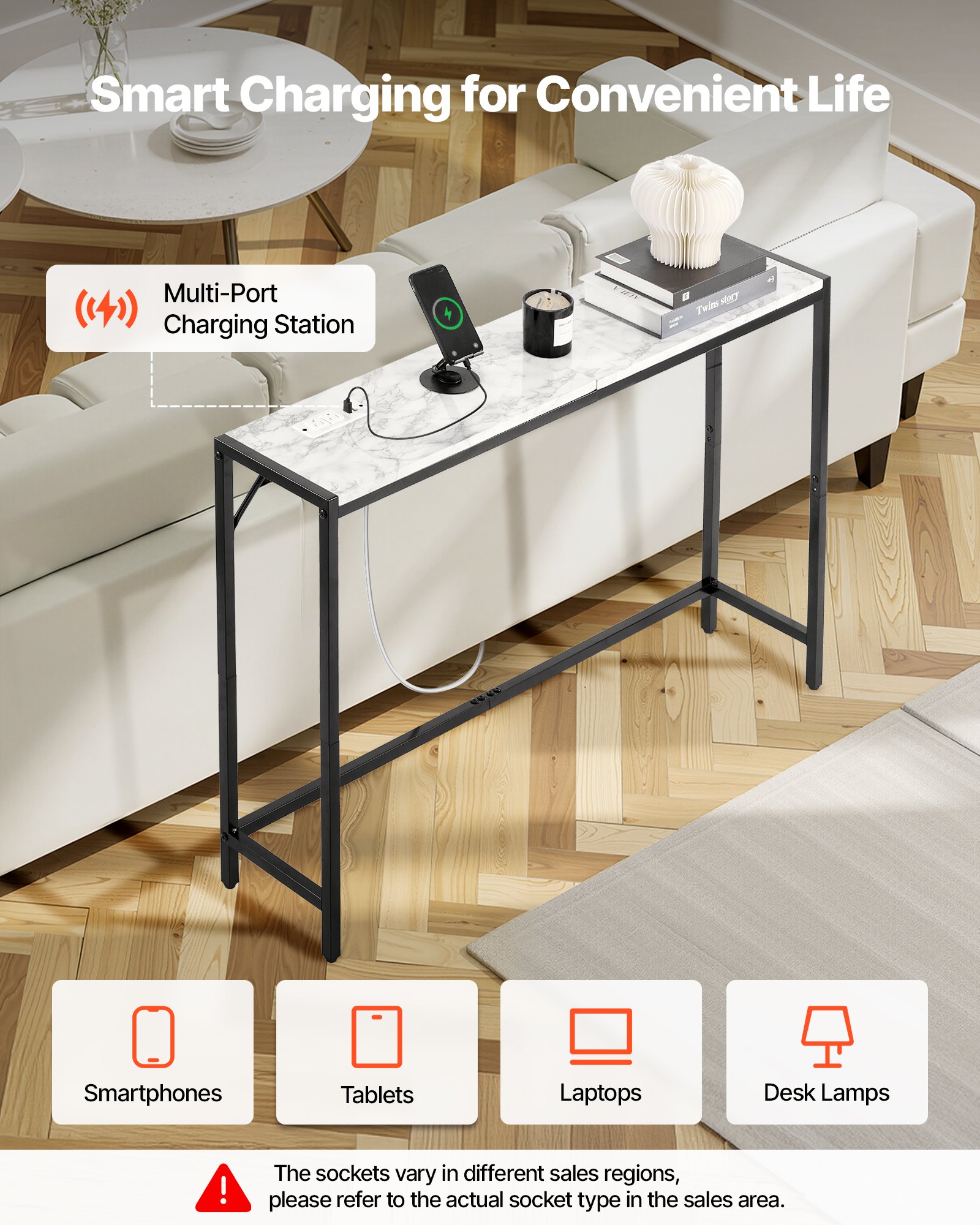 VEVOR Marble Console Table, Modern Narrow Long Console Table with Power Outlet, Thin Sofa Side Table with Iron Tubes, Anti-Tip Device and Triangular Support for Living Room, Hallway, Entryway, Foyer