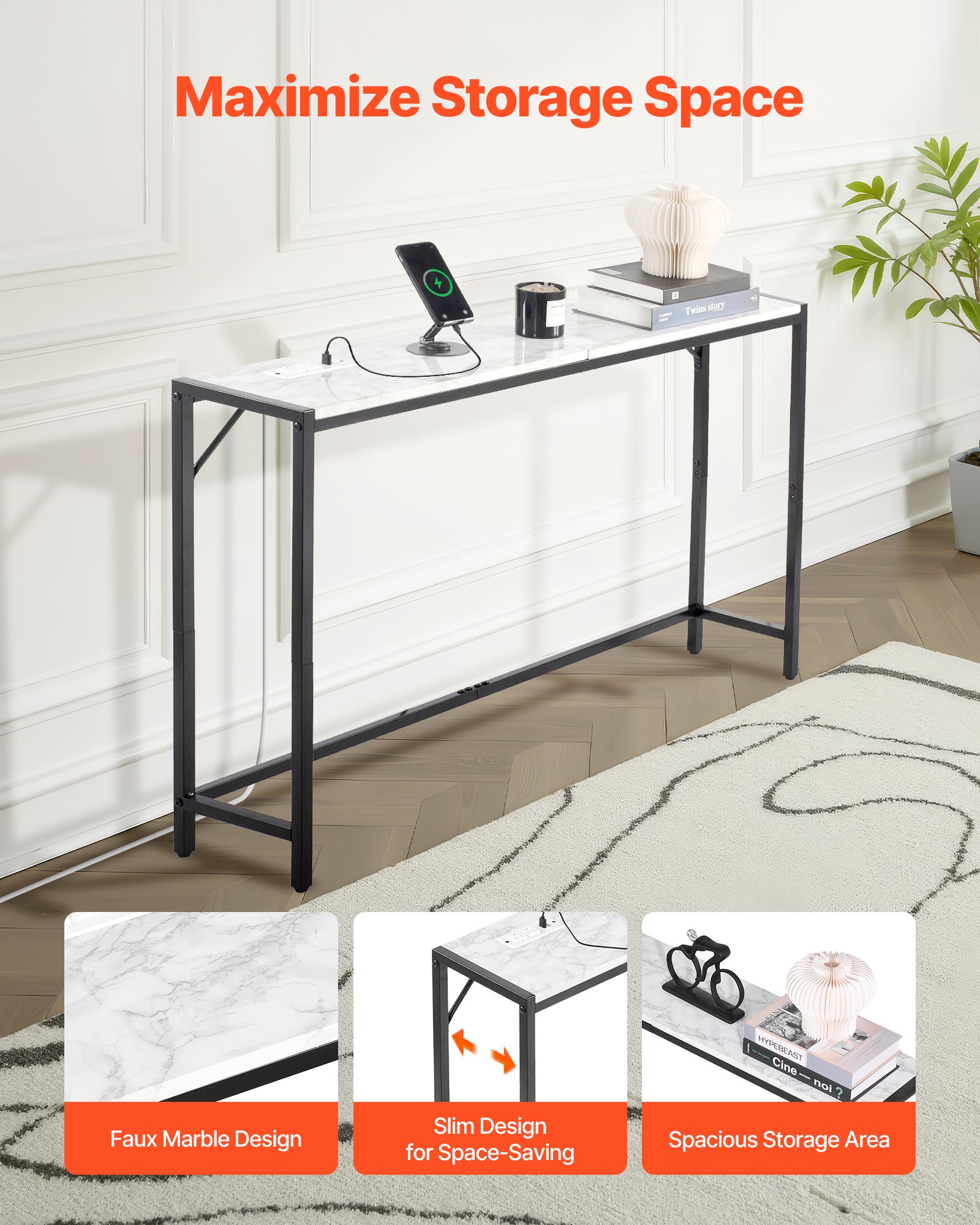 VEVOR Marble Console Table, Modern Narrow Long Console Table with Power Outlet, Thin Sofa Side Table with Iron Tubes, Anti-Tip Device and Triangular Support for Living Room, Hallway, Entryway, Foyer