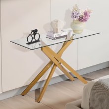 Glass Coffee Table Rectangle Sofa Side Table with Glass Top & Cross-Legs