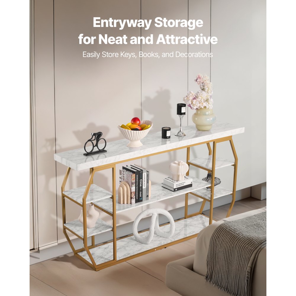 VEVOR Marble Console Table, 3 Tiers Modern Console Table for Open Storage, Golden Geometric Table with Iron Tubes, Anti-Tip Device and Triangular Support for Living Room, Hallway, Entryway, Foyer