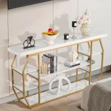 VEVOR Marble Console Table, 3 Tiers Modern Console Table for Open Storage, Golden Geometric Table with Iron Tubes, Anti-Tip Device and Triangular Support for Living Room, Hallway, Entryway, Foyer