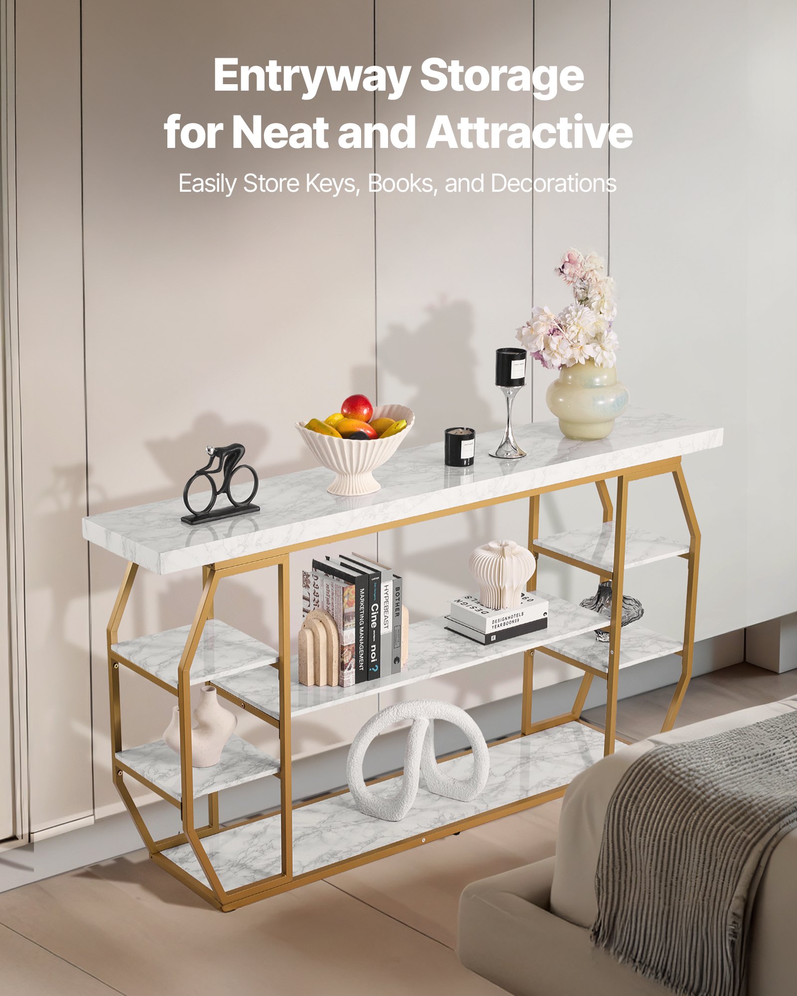 VEVOR Marble Console Table, 3 Tiers Modern Console Table for Open Storage, Golden Geometric Table with Iron Tubes, Anti-Tip Device and Triangular Support for Living Room, Hallway, Entryway, Foyer