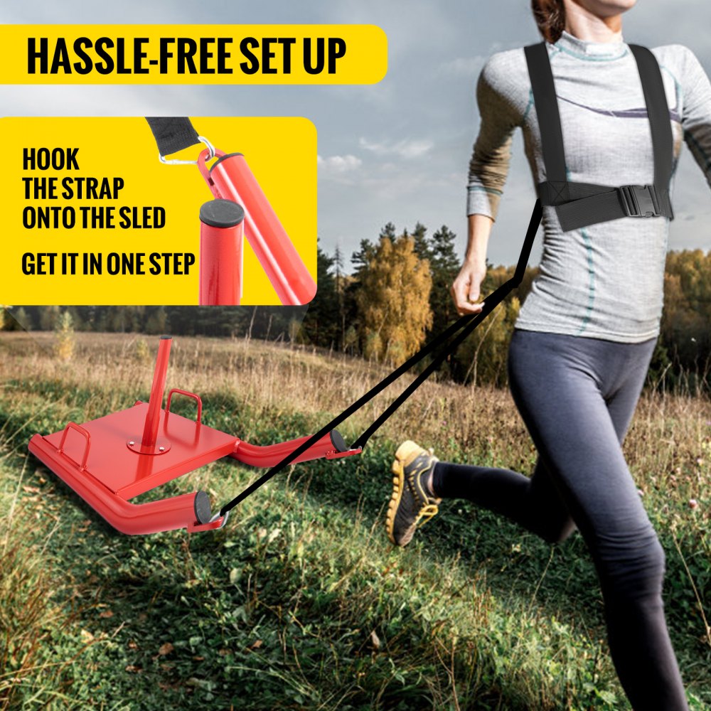 person running with VEVOR weight sled in outdoor setting, showcasing easy setup.