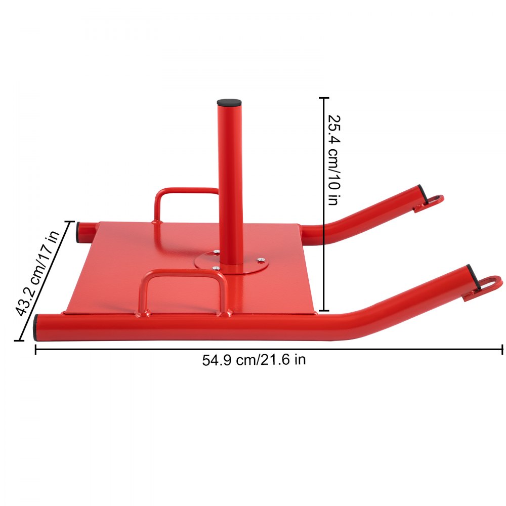 red VEVOR weight sled with dimensions shown: 43.2 cm by 54.9 cm by 25.4 cm.