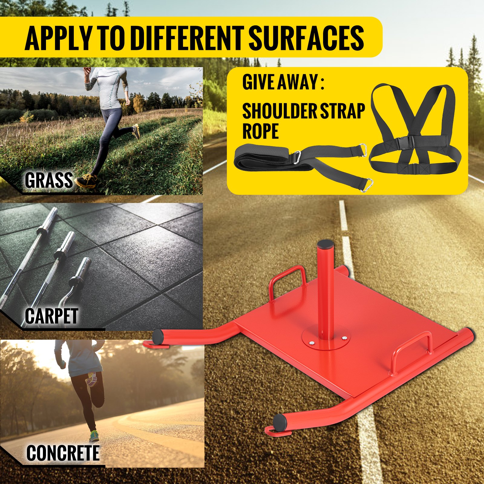 VEVOR weight sled for grass, carpet, and concrete surfaces, includes shoulder strap rope.